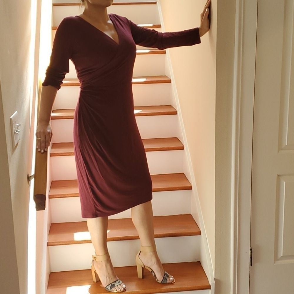 Burgundy Surplice Faux Wrap w/Shirred Waist Dress